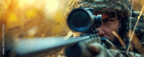 Hunter aiming rifle and looking through a sniper scope