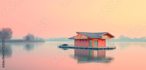 Close exterior view of a colorful boathouse on a calm lake at dawn, background color: peach