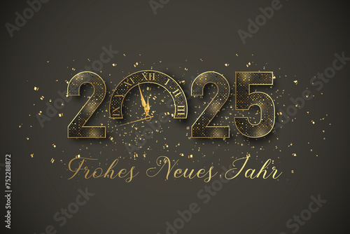 Karte oder Stirnband, um ein frohes neues Jahr 2025 in Grau und Gold zu wünschen Die 0 wird durch eine Uhr auf grauem Hintergrund mit goldenem Glitzer ersetzt