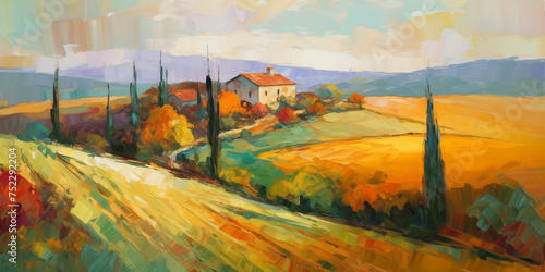 tuscan countryside landscape with bright colors, oil on canvas