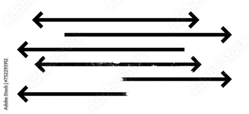 Set of thin black arrows pointing right left long, straight-line with grunge texture. Graphic illustration for direction symbols, up and down signs. Vector horizontal arrow variations.
