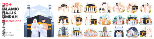 Mega Collection of Hajj and Umrah Illustrations. Muslim People perform Islamic Hajj Pilgrimage. Man and Woman Hajj characters wear ihram clothes with a Kaaba background
