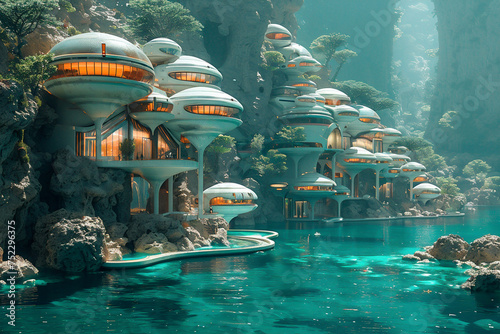 Futuristic near water city inhabited by humans, marine life, featuring innovative technologies for underwater exploration and habitation