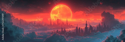 Night of the Lunar Leviathan: A City Skyline Dwarfed by a Glowing Red Orb, City With Giant Red Moon in Sky.
