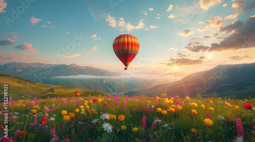 A colorful hot air balloon gracefully floats over a vibrant field of flowers, casting a magical scene against the clear blue sky