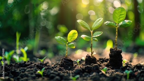 Growing money in the soil with green leaves and trees concept, business and agriculture success finance. With room for text on card. Agriculture plant sowing growing step concept in the garden.