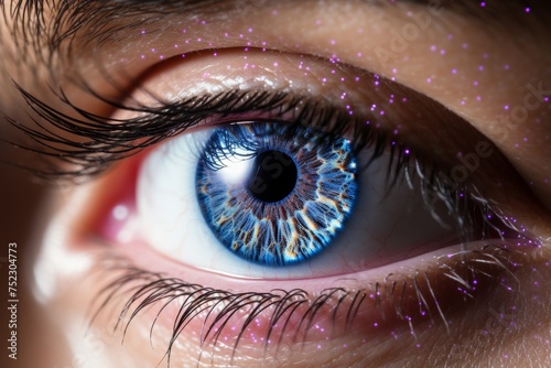 Close up of human eye with laser beams and digital network, laser vision correction procedure