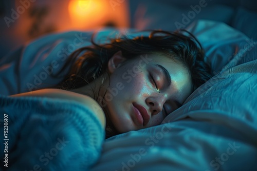 Woman snoozes soundly, cocooned in warmth and tranquility, the room bathed in serene blue hues, inviting a restful slumber.