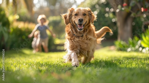 Joyful family enjoys quality time with their cheerful golden retriever on the sunny backyard.