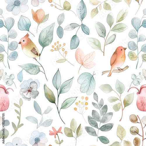 Primavera delicado patrón sin fisuras en tonos verdes con lindos pájaros y flores, patrón imprimible, impresión de primavera, flores y hojas