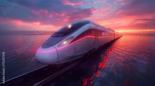 futuristic high-speed train navigating through diverse terrains, emblematic of modern and future transportation, crossing countries on an industrialist's railway, AI Generative