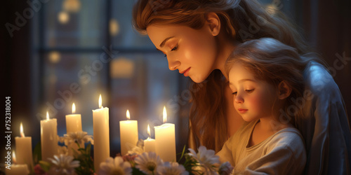 A prayer with candles and flowers, styled in the manner of Madonna and Child, creates luminous scenes.