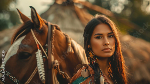 American Indian woman with horse. 