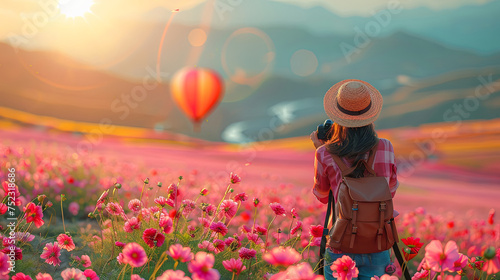 A woman stands amidst a vibrant field of flowers, holding a camera to capture the breathtaking scene