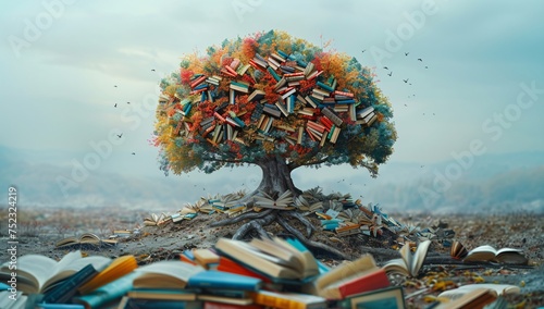 A colorful tree with branches and leaves made from books surrounded by a surreal landscape, symbolizing the growth of knowledge