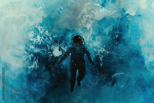 Submerged Solitude: Astronaut Drifting in the Vast Blue Ocean Depths