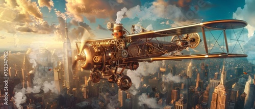 Steampunk inventor flying in a homemade aircraft over the city, with detailed gears and steam mechanisms visibl, AI Generative