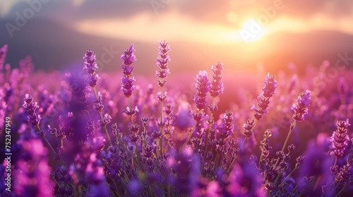 Sun dipping below horizon behind lavender field, magical, radiant colors, serene mood, AI Generative