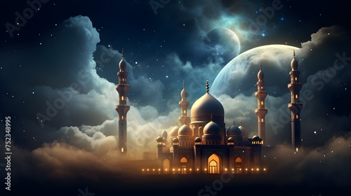 Night landscape with mosque and moon. Ramadan Kareem background
