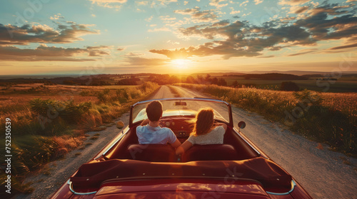 Couple traveling by a cabriolet on countryside road with cloudy sky