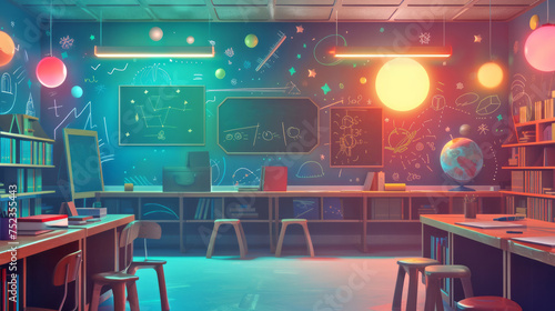 Creative illustration of a school classroom, a bright school backpack with school supplies around. Concept of back to school, learning, school times 