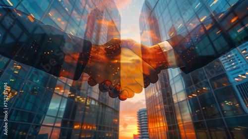 Businessmen handshake on an abstract background corporate skyscrapers at sunset, double exposure. Partnership, success, deal, agreement, cooperation, business contract concept