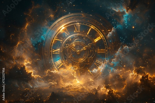 A majestic cosmic clock, blending with space nebula, symbolizing the concept of infinite time and universe