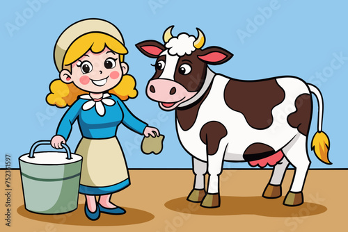 Thrush with her cow: vector illustration 