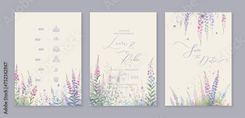 Luxury watercolor wedding invitation card background wild willow herb and flowers.