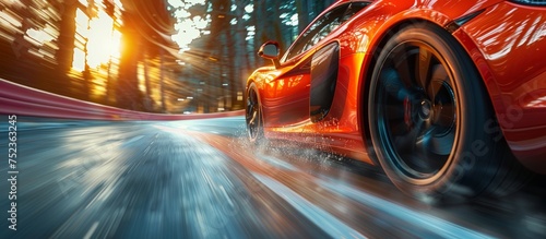 Rear view of red sports car overtaking at high speed, Car in fast motion. Motion blur background.