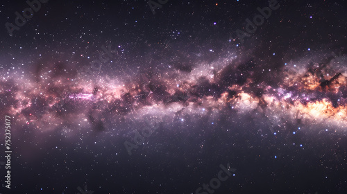 Panoramic image of the Milky Way Galaxy stretching across the night sky, showcasing a dense field of stars and cosmic dust. 
