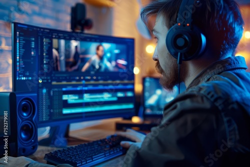 Video editor deeply focused on editing footage on a high-performance computer Crafting compelling visual narratives