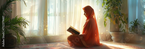 A woman reading from the Quran on Eid al-Fitr in a serene and sunlit room, a moment that is ideal for spiritual content or to illustrate the peaceful observance of religious traditions.