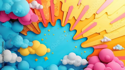 3D abstract concept art showing a melting landscape with vibrant colors, playful cloud shapes, and a whimsical feel.