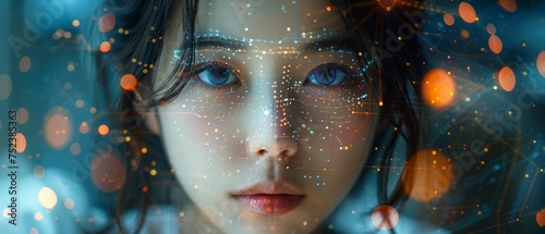 Keeping up to date with technology in a fast-moving world. A young asian woman shows off her phone data and functions with holographic displays around her.