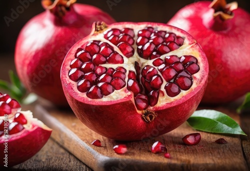 ripe pomegranate broken open, revealing its red seeds