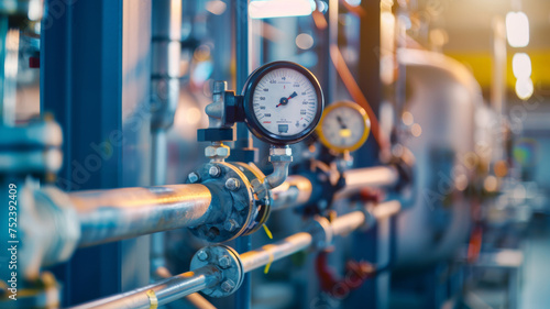 Industrial gauge monitoring pressure in a modern facility's pipeline system.