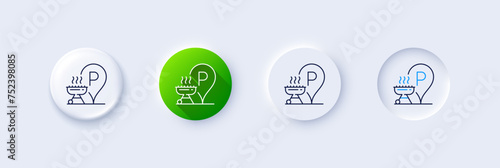 Grill place line icon. Neumorphic, Green gradient, 3d pin buttons. Barbecue cooker for cooking food sign. Hot meat brazier symbol. Line icons. Neumorphic buttons with outline signs. Vector