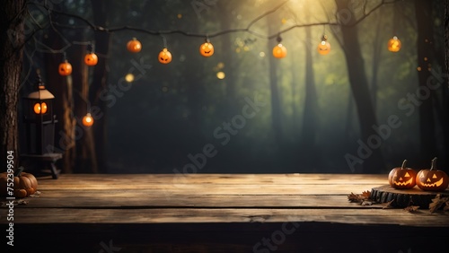 Rustic wooden table set against a backdrop of halloween