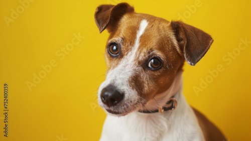 Curious Jack Russell Terrier with a head tilt against yellow backdrop.