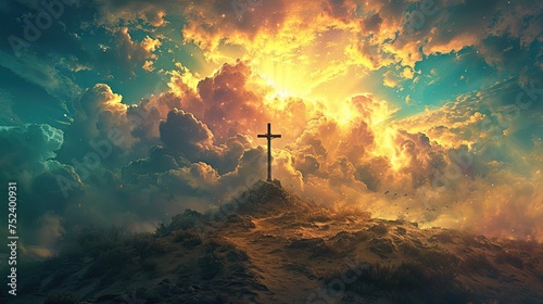 Calvary hill with an empty cross on top, the resurrection of Jesus in Easter day, religious plot, against the backdrop of a cloudy sky and desert, AI generated
