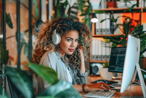 Latin business woman with curly hair and headphones watching online training course at workplace, woman writing information happy and satisfied with results of professional development, Generative AI