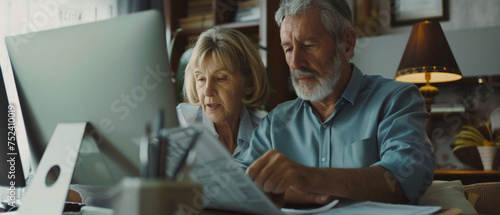 Senior couple focused on finances, reviewing documents together at a home office.