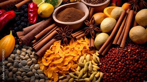 A set of spices and herbs. Indian cuisine. Pepper, salt, paprika, basil, turmeric.
