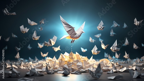 Concept of new idea and creative thinking as a symbol of innovation and inspiration metaphor as a group of crumpled papers with one different paper transforming into an origami bird in flight.