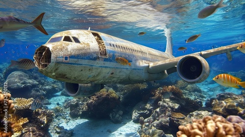 Sunlight filters through the depths, illuminating the broken fuselage of the downed aircraft