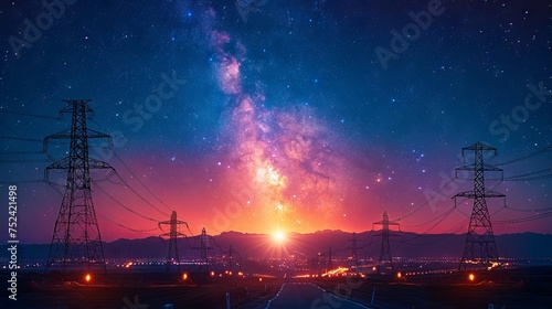 An aerial view of a media antenna and electric high voltage power tower silhouetted against the background of a night city on the horizon and the Milky Way in the clear sky can be seen from below