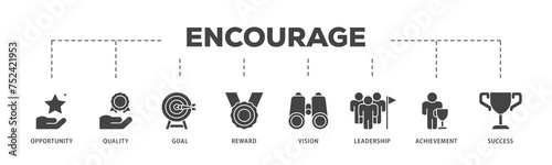 Encourage icons process structure web banner illustration of opportunity, quality, goal, reward, vision, leadership, achievement, success icon live stroke and easy to edit 