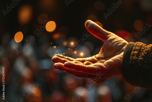 Close up of a hand performing a magic trick, with a blurred audience in the background to add intrigue.