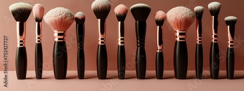 Assorted Makeup Brushes Lined Up on a Solid Background at Daytime